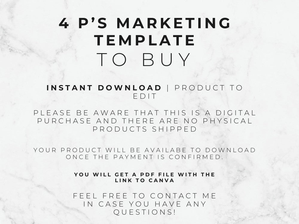 Text on a marble background about a 4 P's marketing template for buying, with contact information.