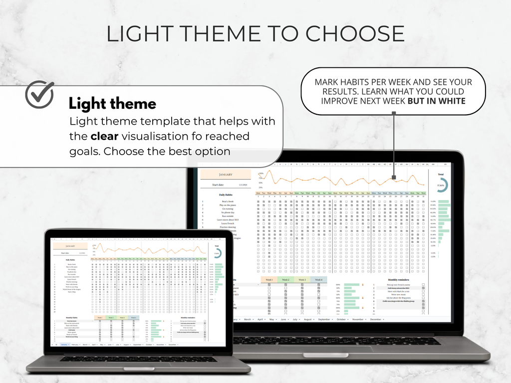 Two laptops displaying a light theme productivity template with text on a light gray background.