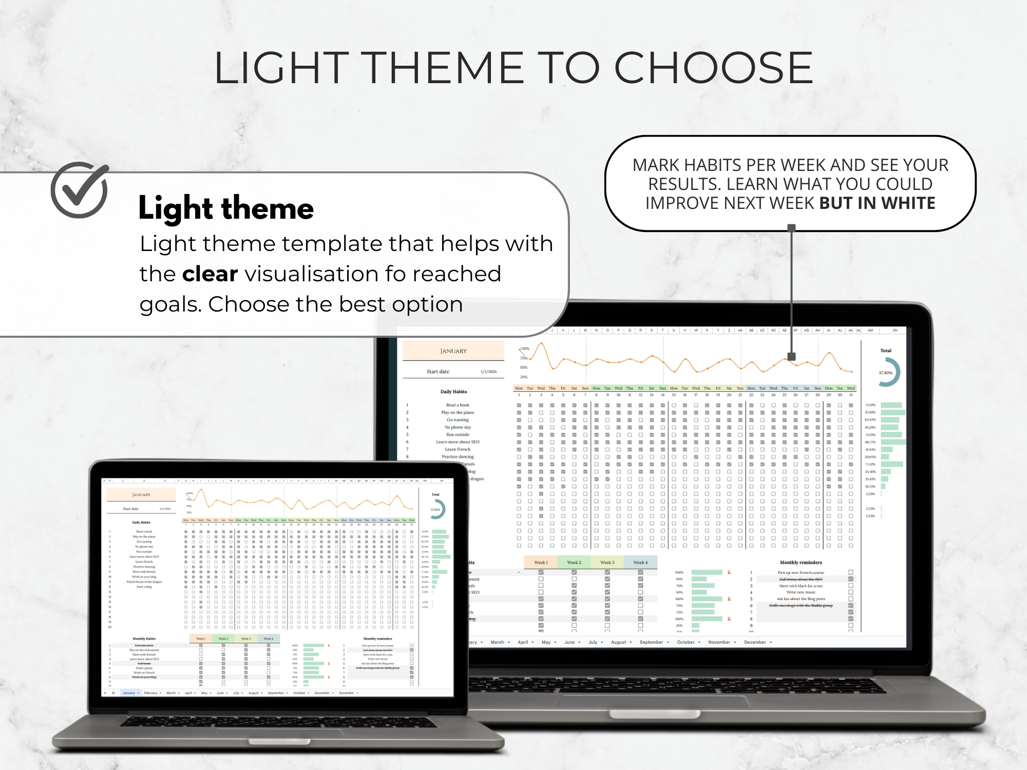 Two laptops displaying a light theme productivity template with text on a light gray background.