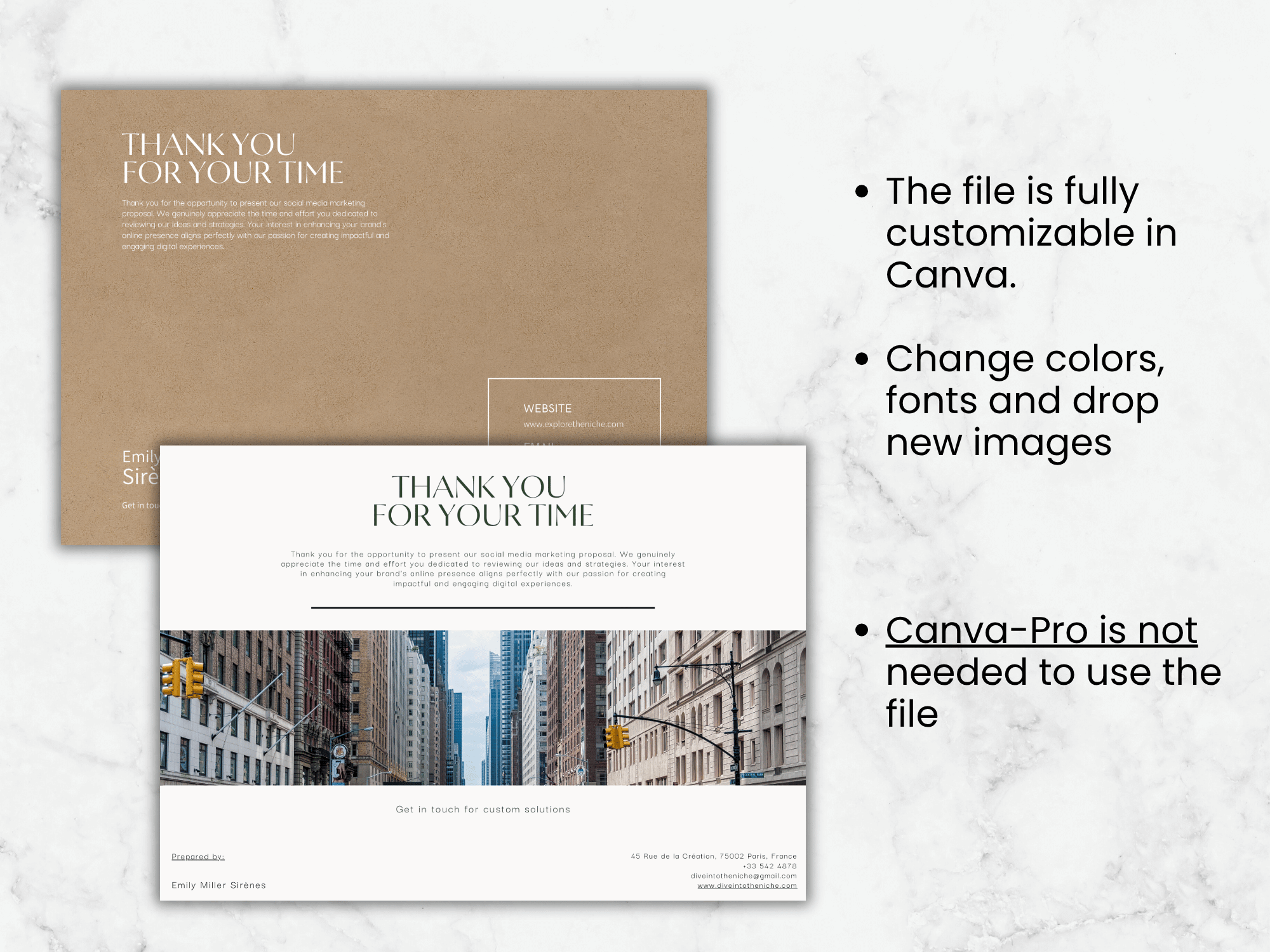 Two design templates with text and images on a marble background