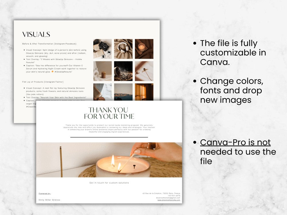 Two design templates on a white background with text about Canva customization.