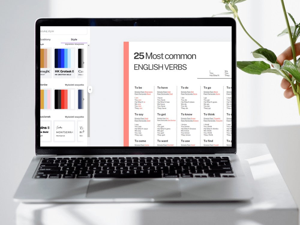 Laptop displaying a list of English verbs on a white surface with a plant.