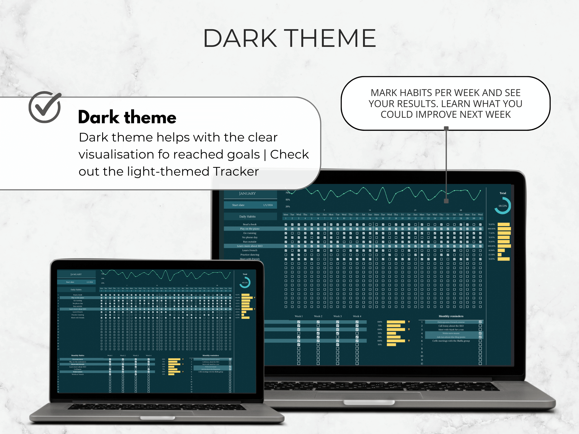 Two laptops displaying a dark-themed application with text about its benefits on a light gray background.