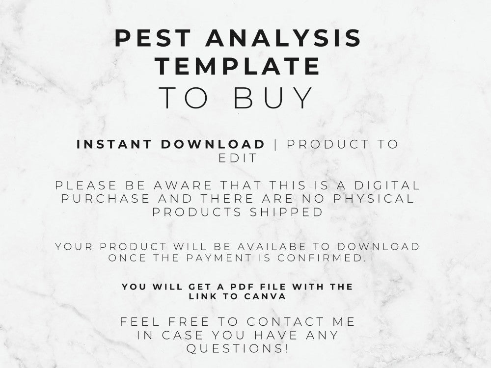Text on a marble background describing a pest analysis template for purchase.