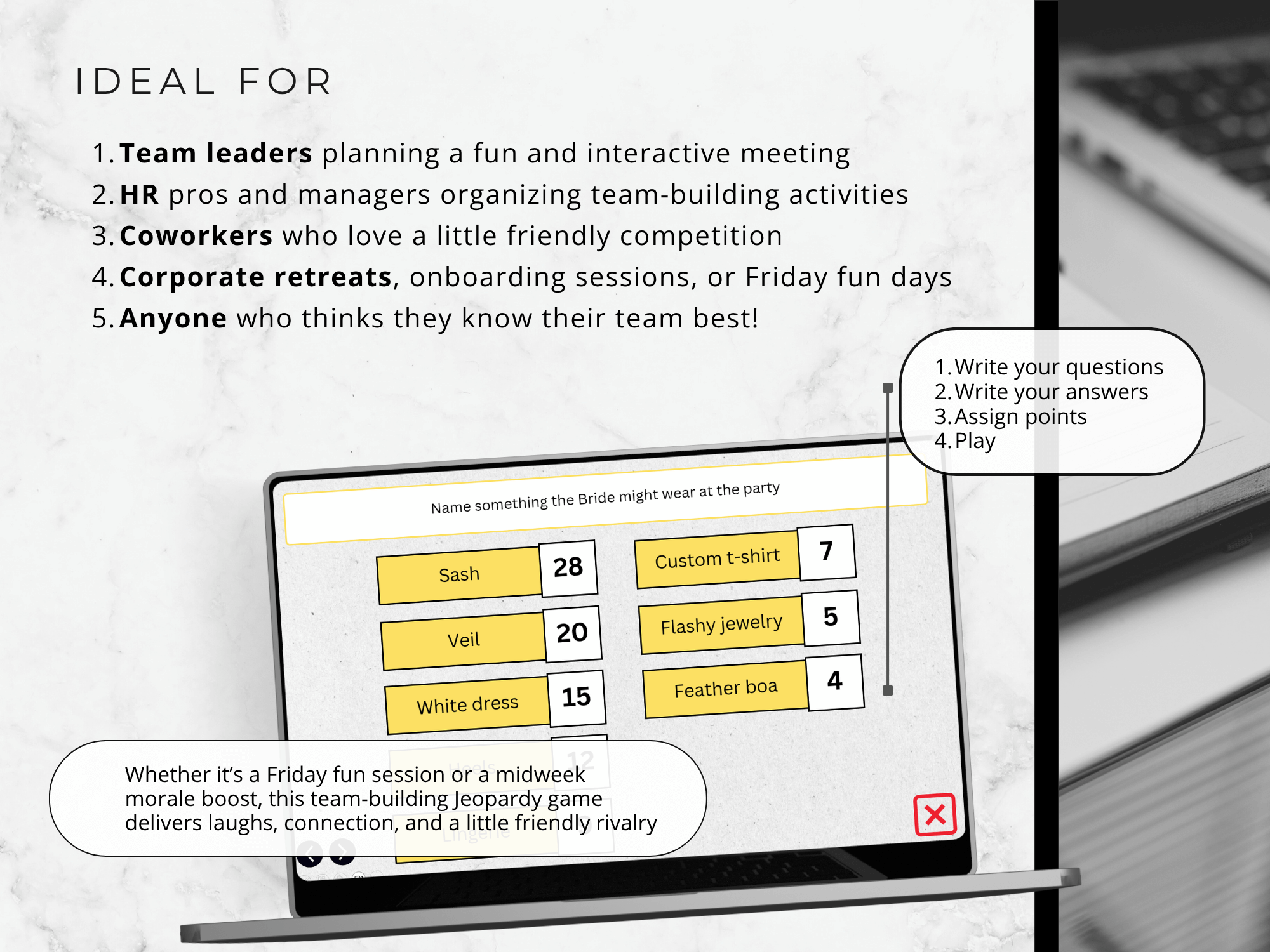 Digital screen displaying a team-building game with text about its use cases.