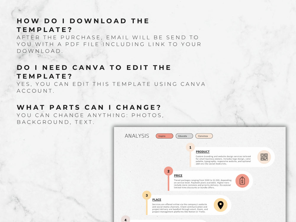 Instructions on how to download and edit a template with Canva, displayed on a white marble background.