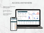 Laptop and smartphone displaying investment tracking software with text 'Access Anywhere' on a light gray background.