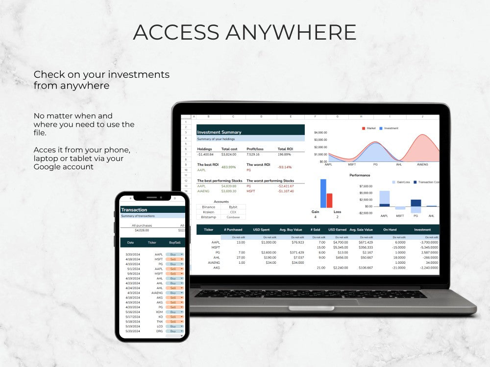 Laptop and smartphone displaying investment tracking software with text 'Access Anywhere' on a light gray background.