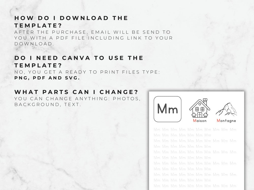 Informational text about downloading a template with a sample design on a white marble background.