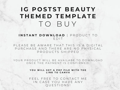 Text on a marble background about an IG post beauty themed template for purchase.