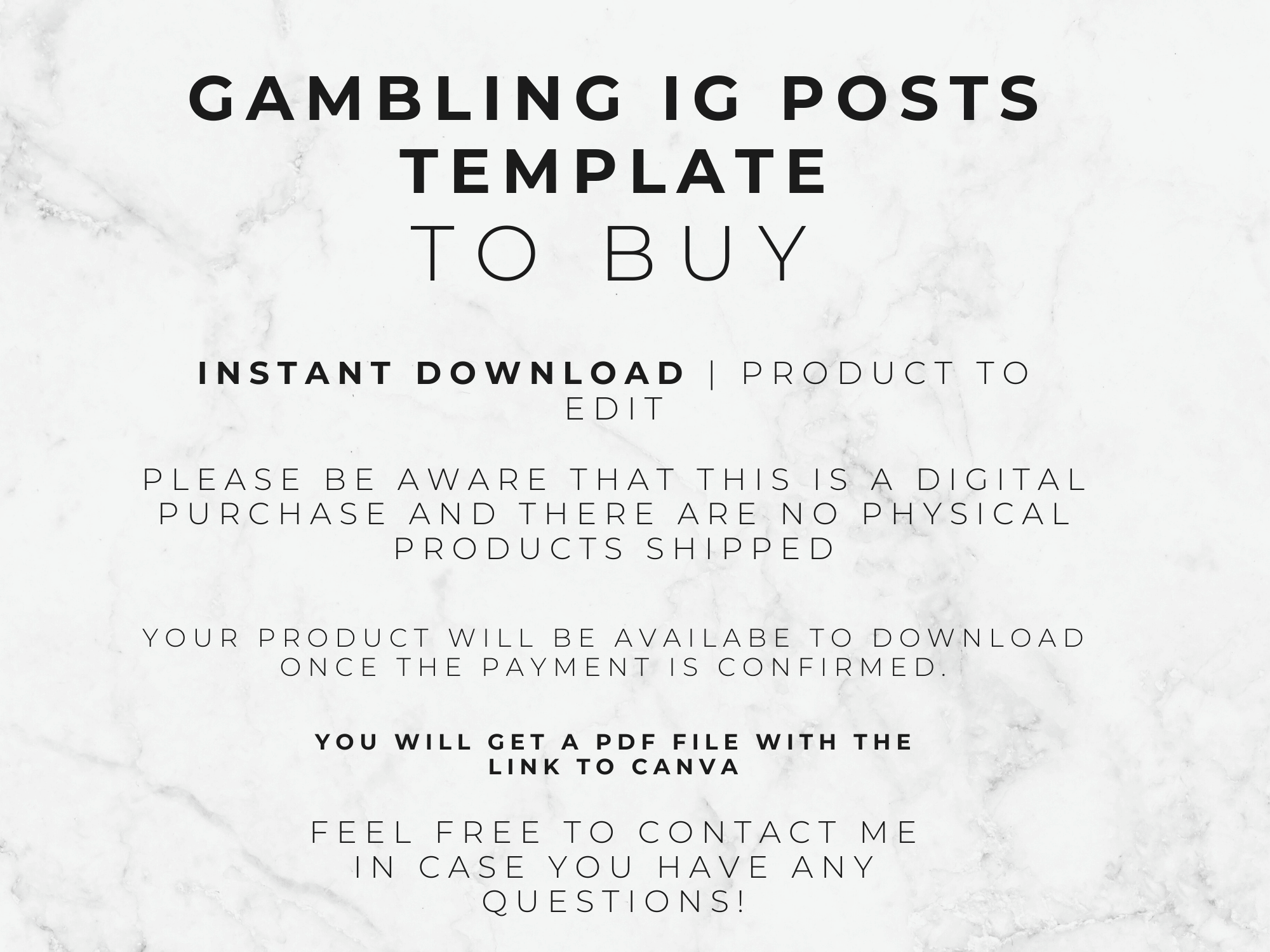 Text on a marble background about purchasing a Gambling IG Posts Template.