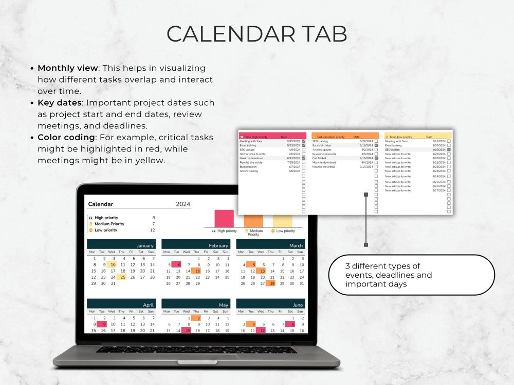 Calendar tab on a laptop screen with text explaining its features.