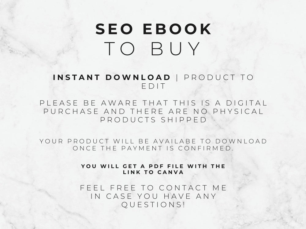 Text on a white marble background about an SEO ebook for purchase.