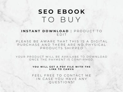 Text on a white marble background about an SEO ebook for purchase.