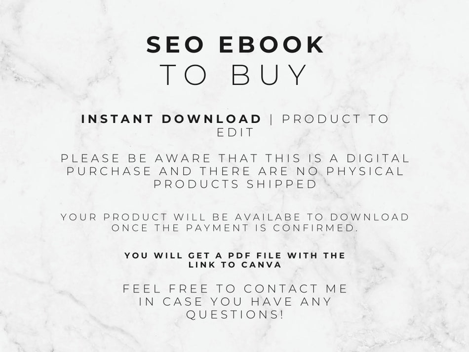 Text on a white marble background about an SEO ebook for purchase.