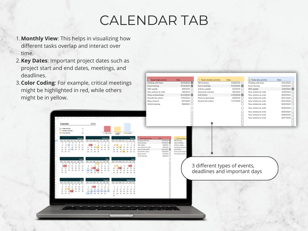 Laptop displaying a calendar with text explaining features on a light gray background