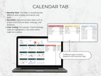 Laptop displaying a calendar with text explaining features on a light gray background