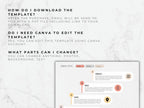 Instructions on how to download and edit a template with Canva, displayed on a white marble background.