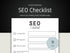 SEO checklist with checkboxes on a black and white background