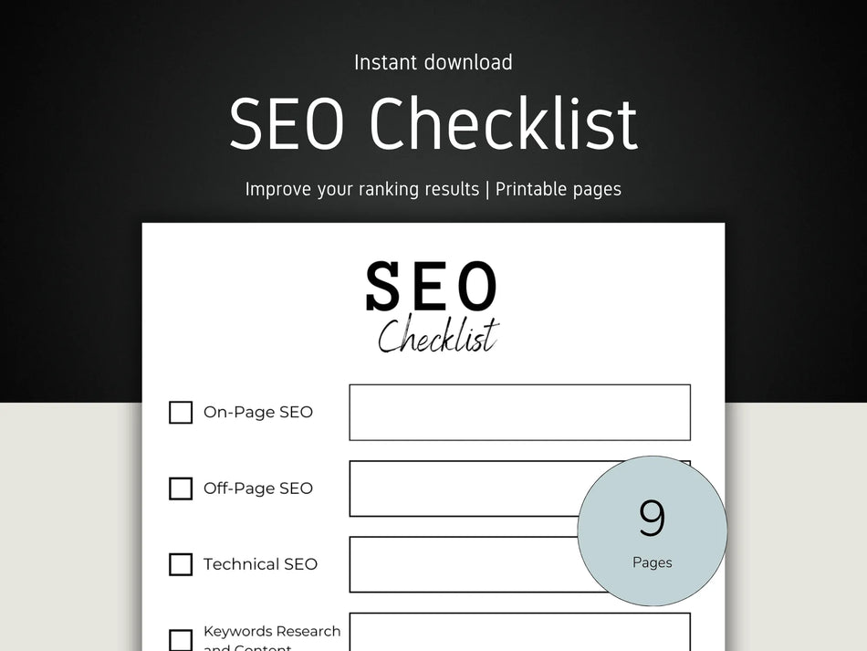 SEO checklist with checkboxes on a black and white background