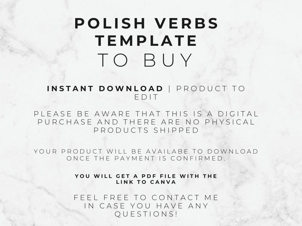 Text on a marble background about a 'Polish Verbs Template to Buy' with download information.