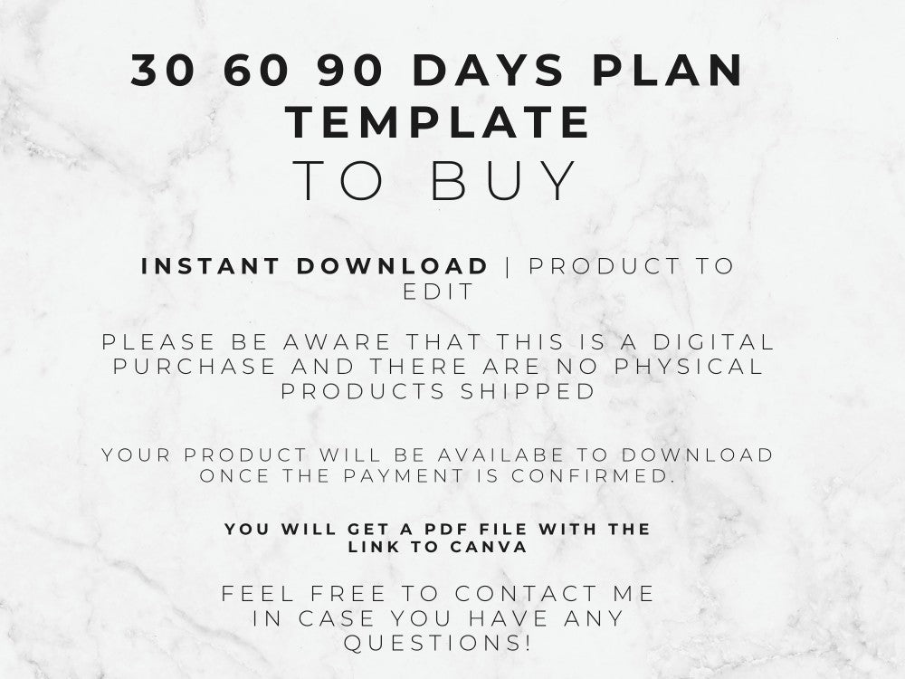 Text on a marble background describing a '30 60 90 Days Plan Template to Buy' with contact information.