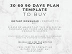Text on a marble background describing a '30 60 90 Days Plan Template to Buy' with contact information.