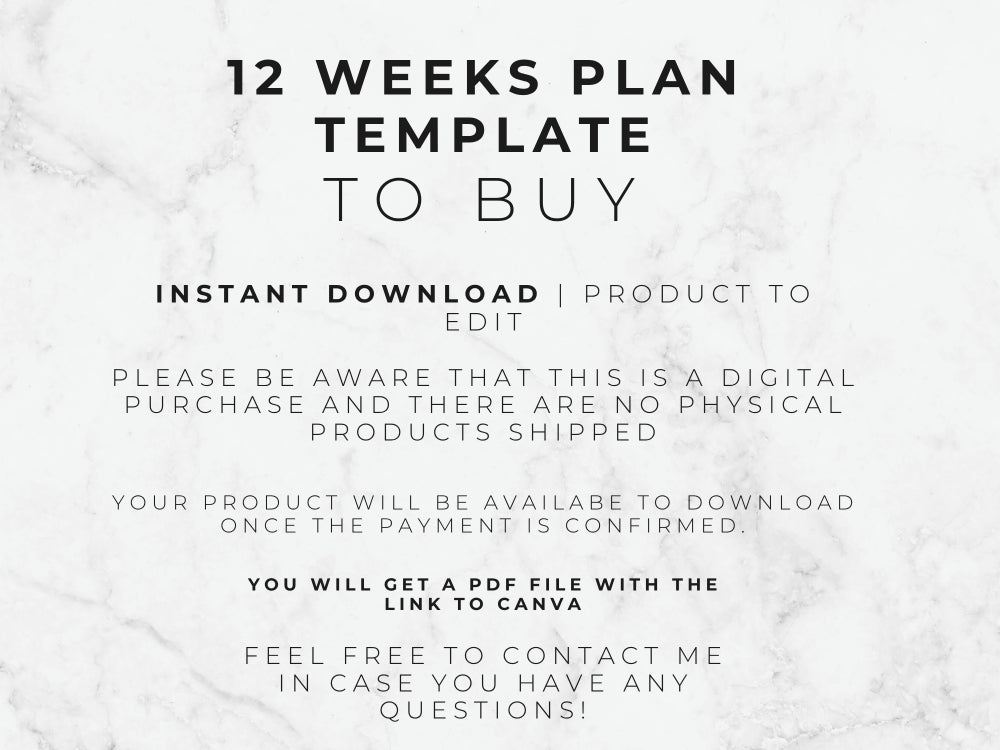 Text on a marble background about a 12-weeks plan template to buy with digital download information.