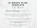 Text on a marble background about a 12-weeks plan template to buy with digital download information.