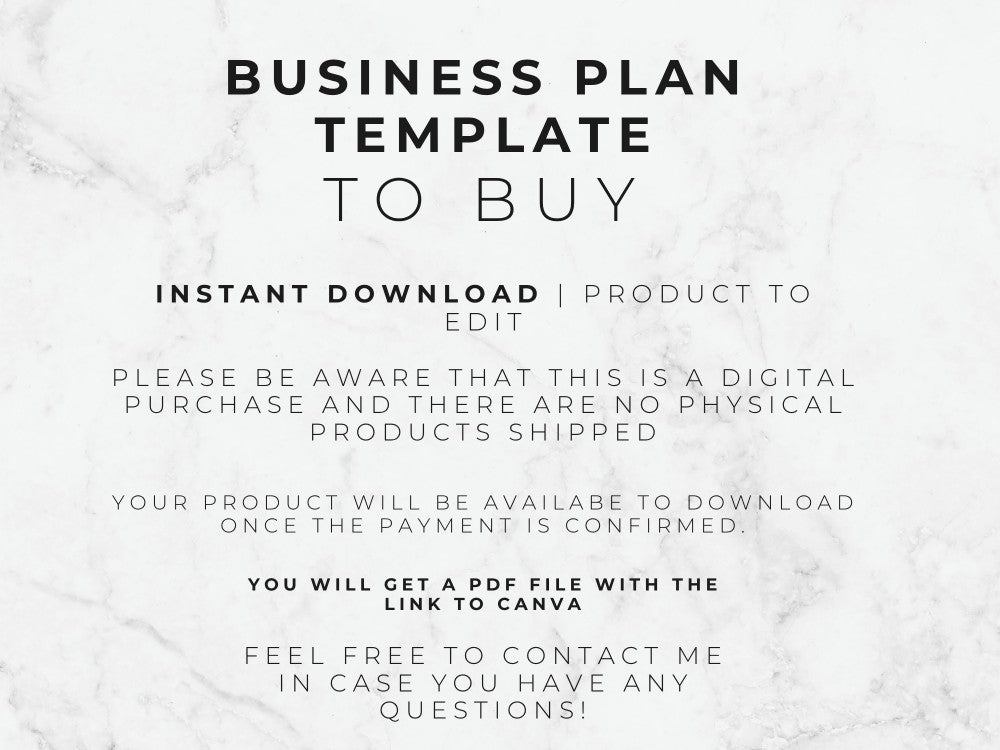 Text on a marble background about a business plan template for digital download.