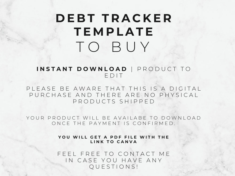 Text on a marble background describing a debt tracker template for digital download.
