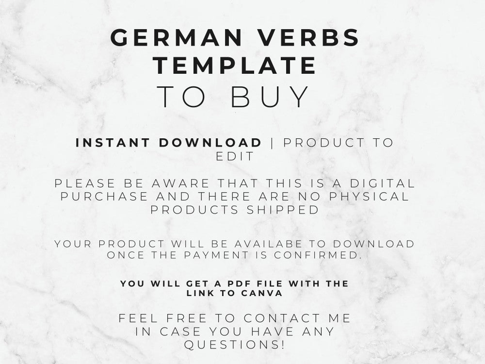 Text on a marble background about a German verbs template for buying.