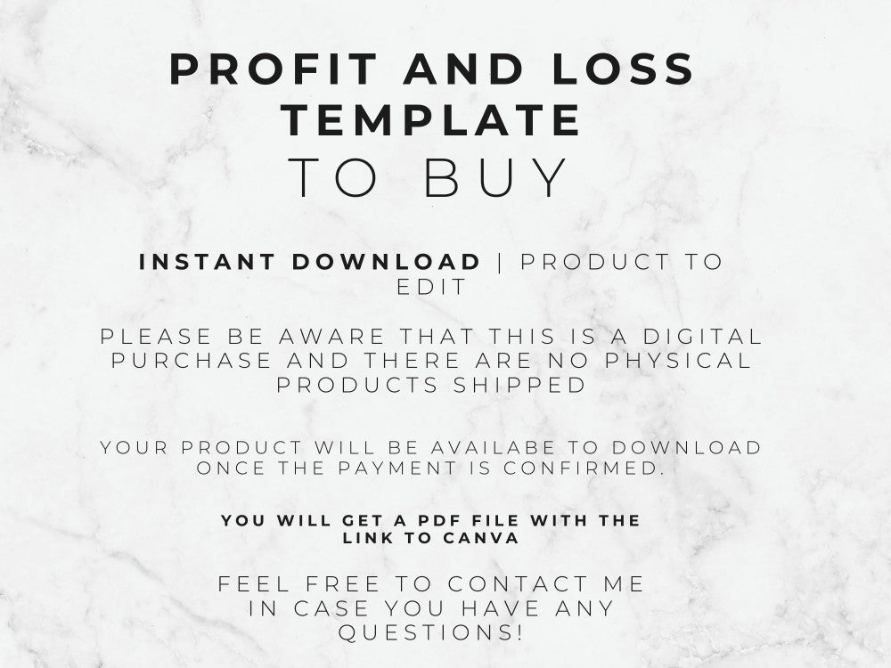 Text on a marble background about a profit and loss template for digital download.