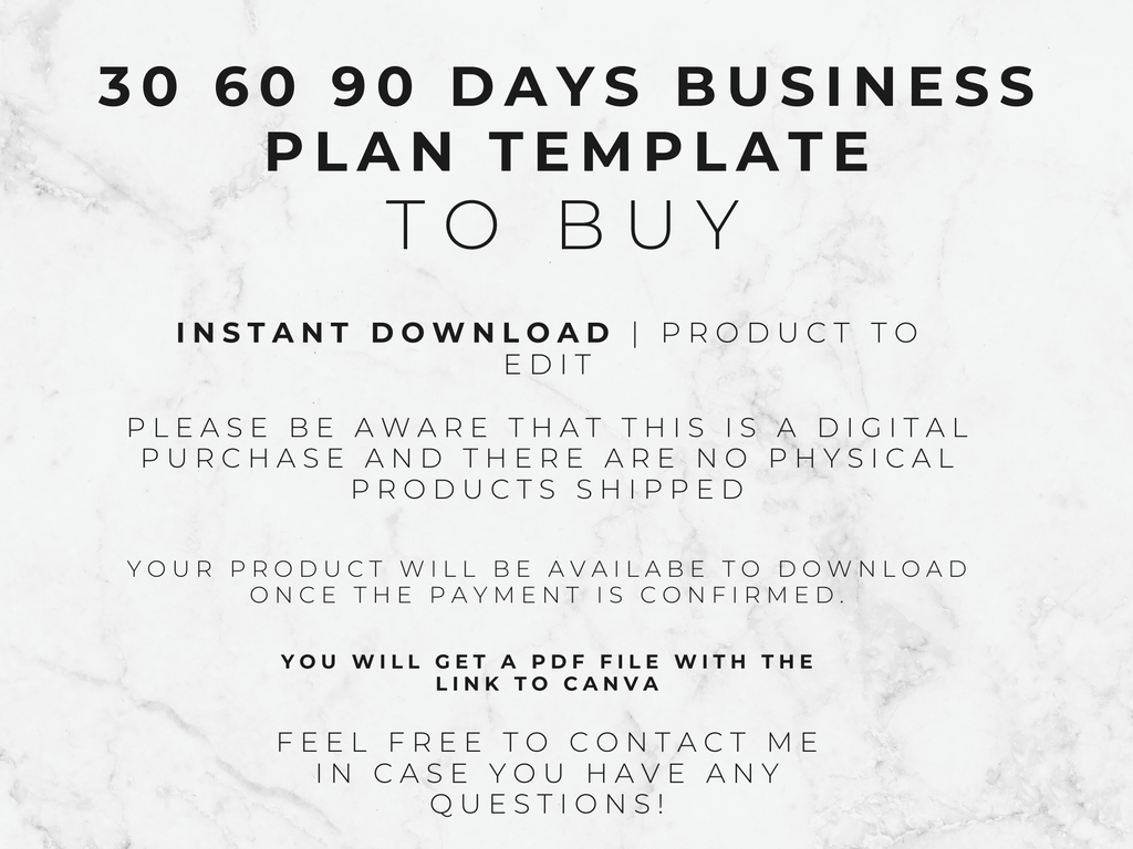Text on a white background about a 30-90-day business plan template for purchase.
