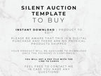 Text on a marble background describing a silent auction template for digital download.
