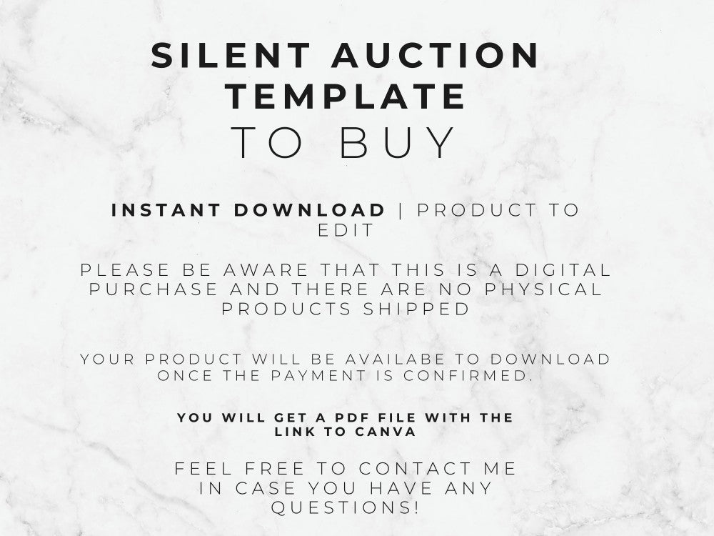 Text on a marble background describing a silent auction template for digital download.