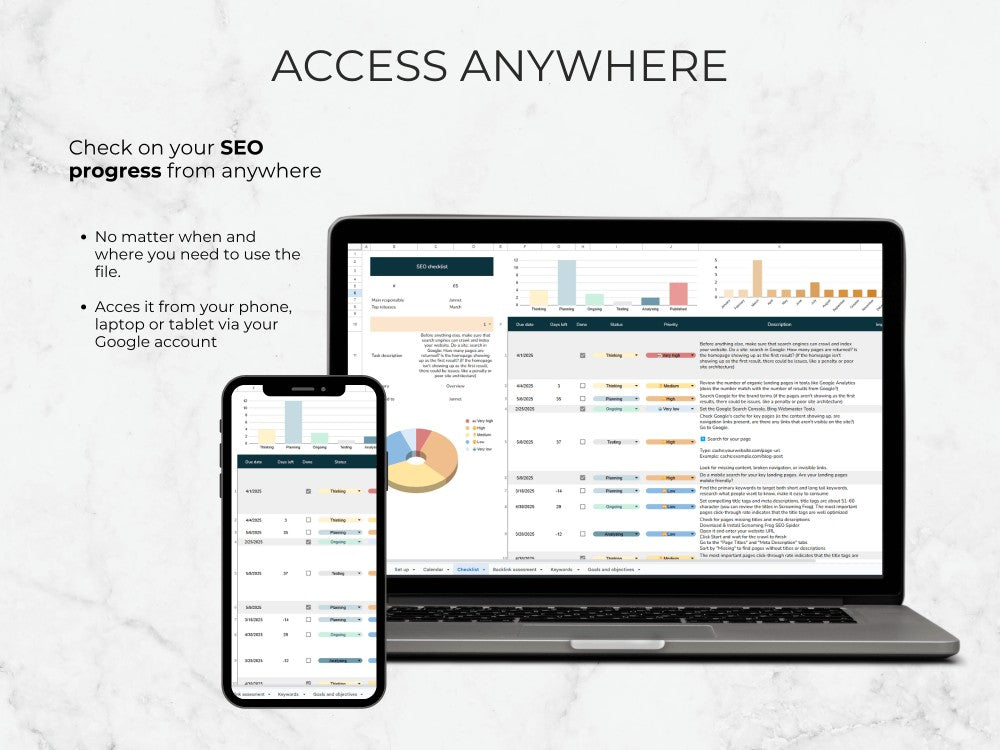 Laptop and smartphone displaying SEO progress on a light gray background with text about remote access.