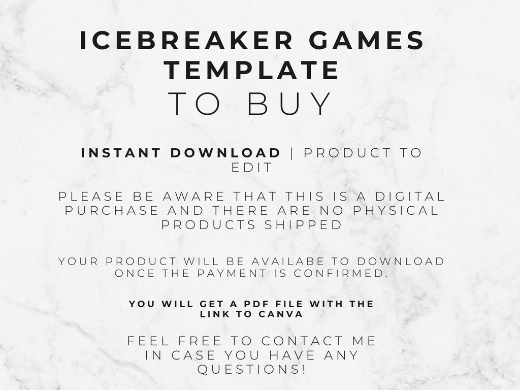 Text on a marble background about an icebreaker games template for digital download.
