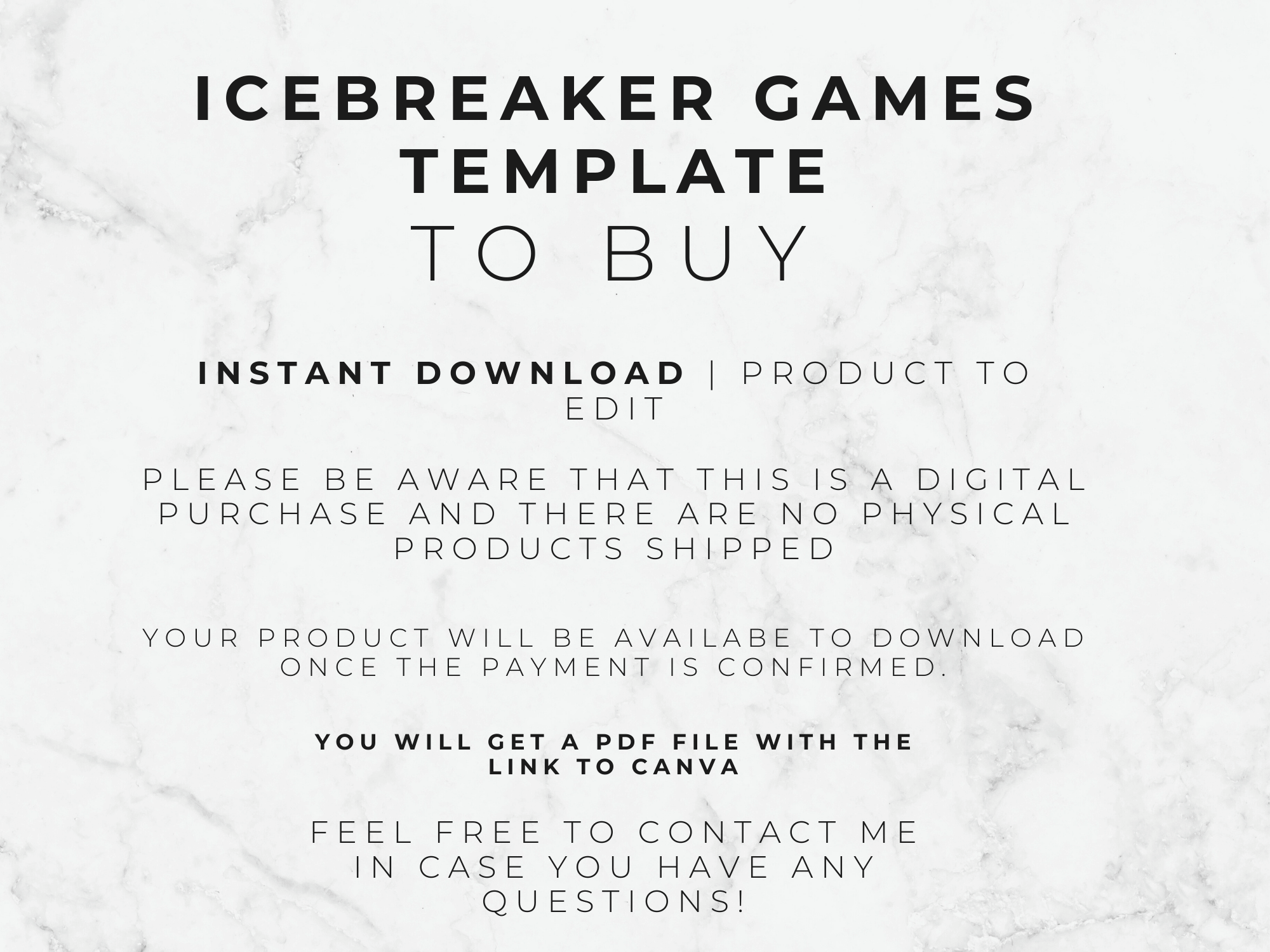 Text on a marble background about an icebreaker games template for digital download.