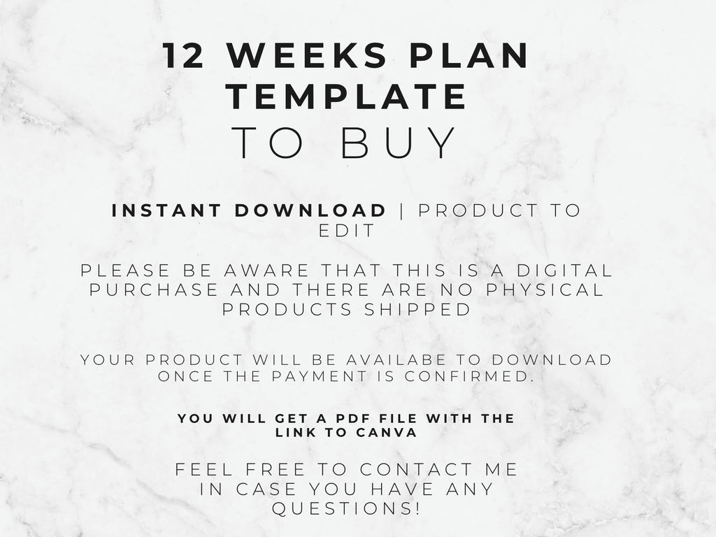 Text on a marble background describing a 12-weeks plan template for digital download.