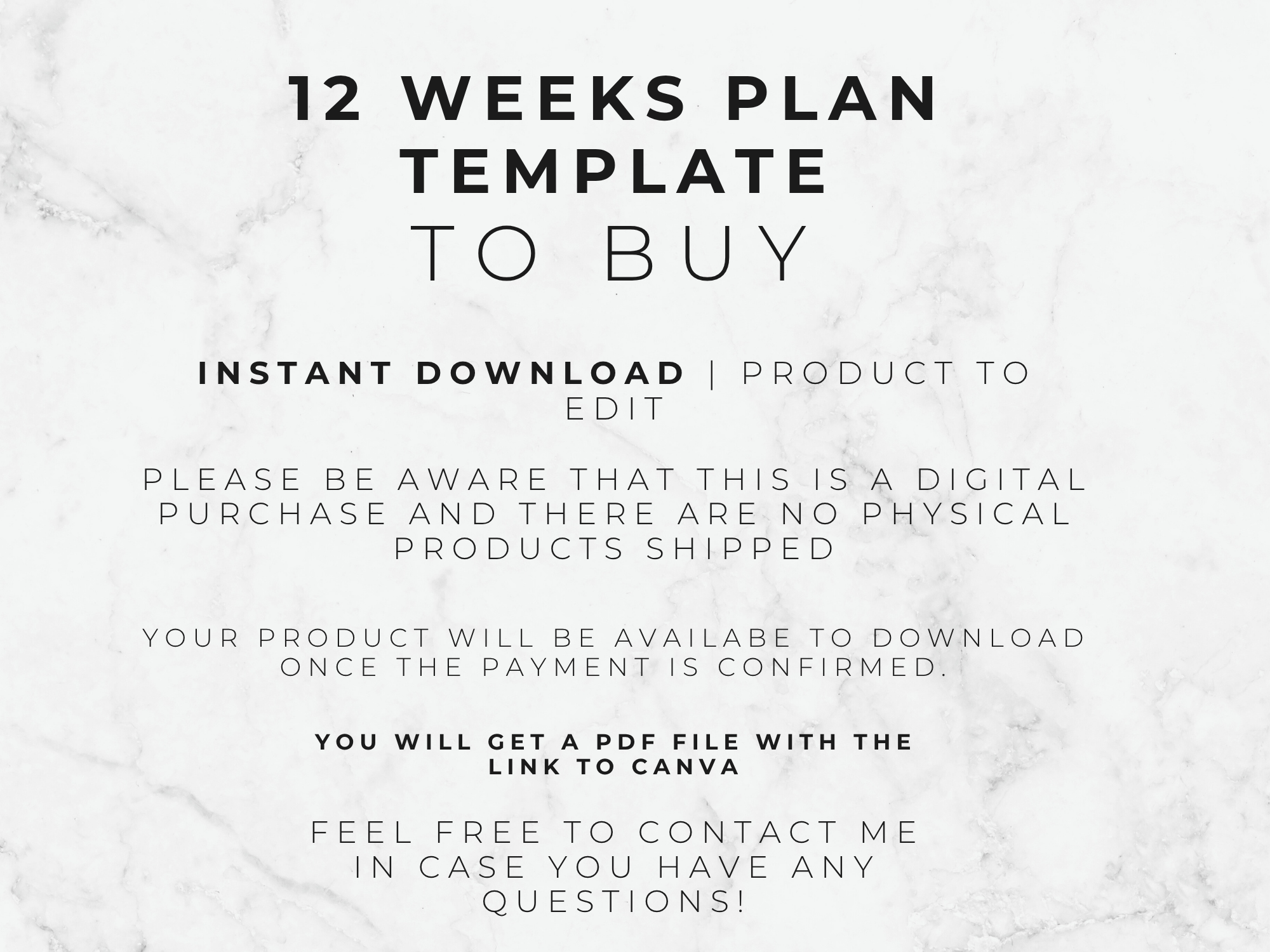 Text on a marble background describing a 12-weeks plan template for digital download.