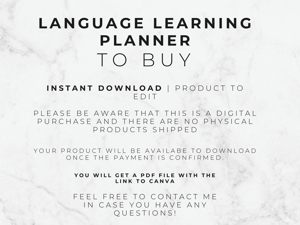 Text on a marble background about a language learning planner for instant download.