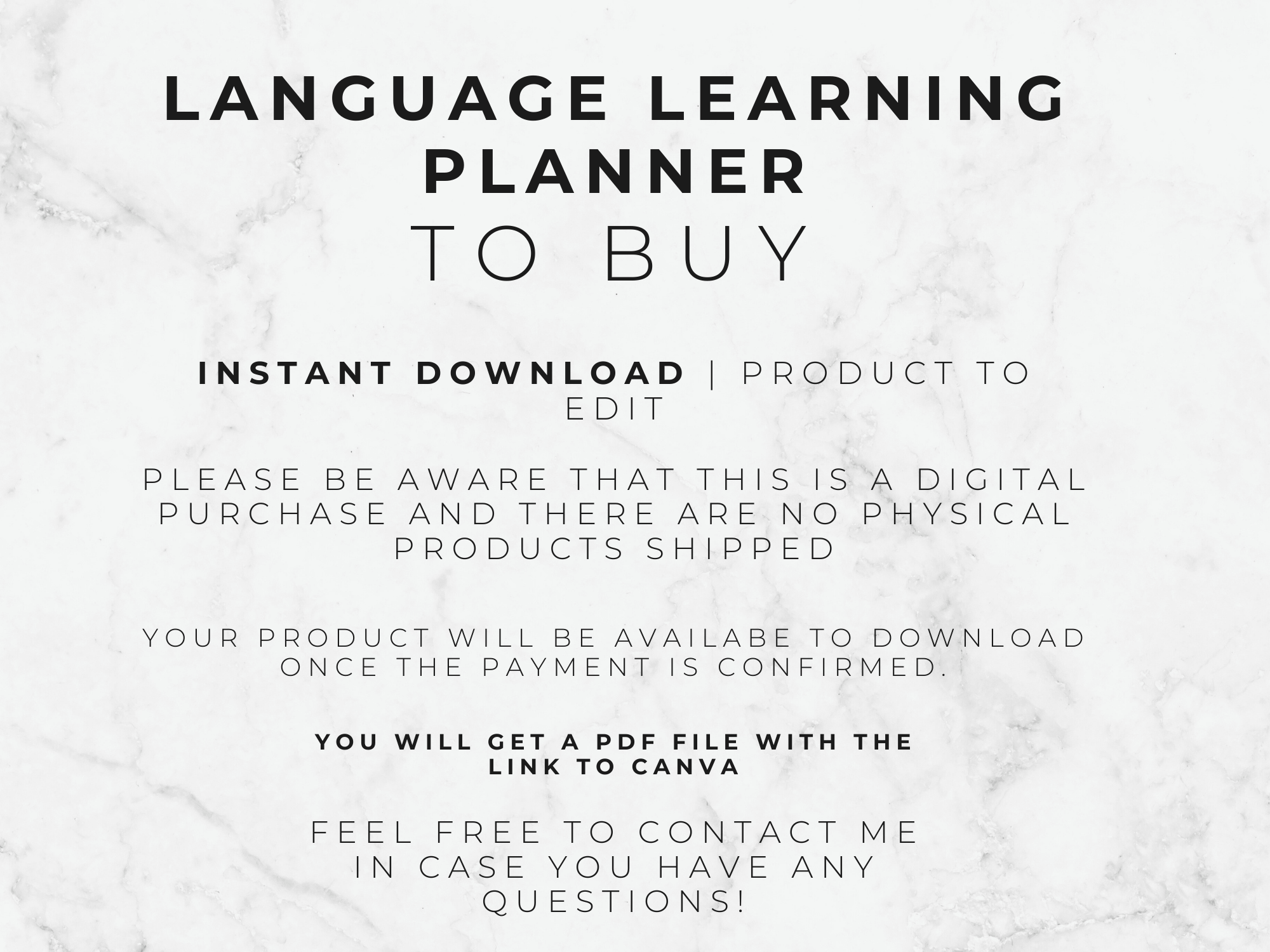 Text on a marble background about a language learning planner for instant download.