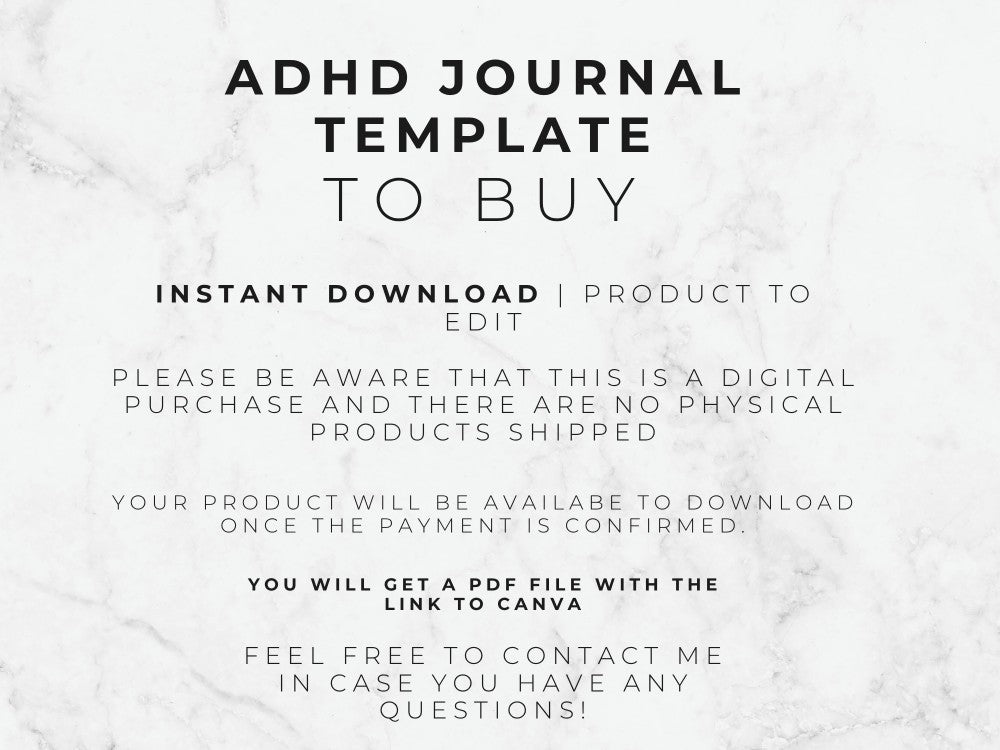 Text on a marble background about an ADHD journal template for digital purchase.