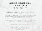 Text on a marble background about an ADHD journal template for digital purchase.