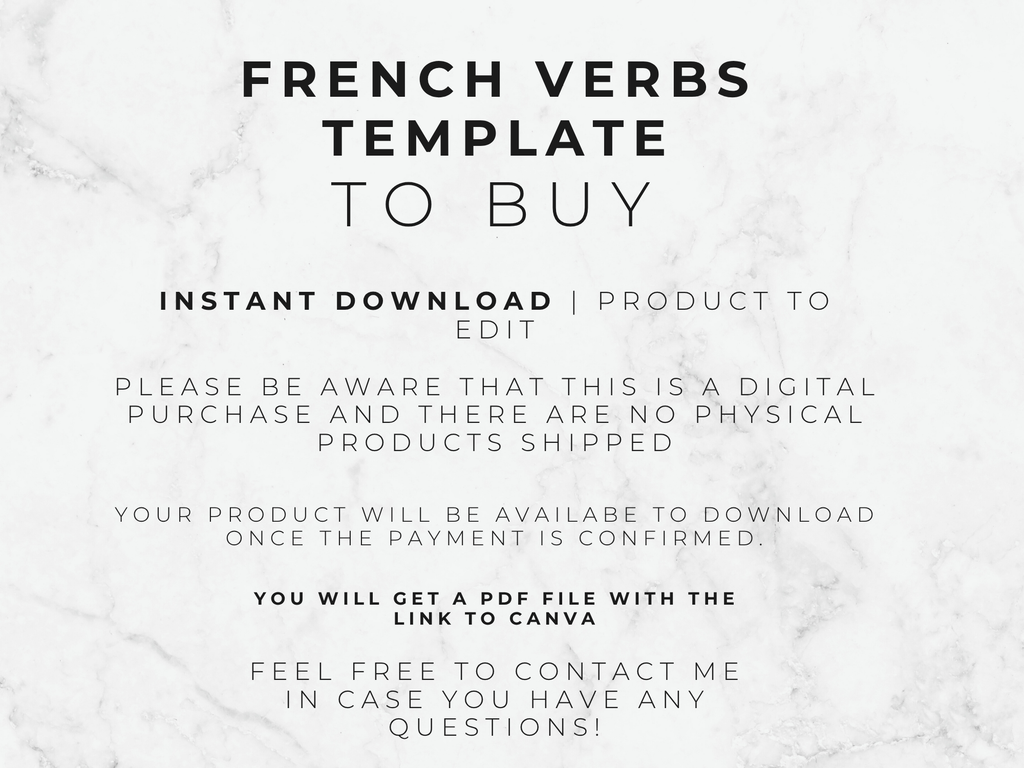 Text on a marble background about a French verbs template for buying.