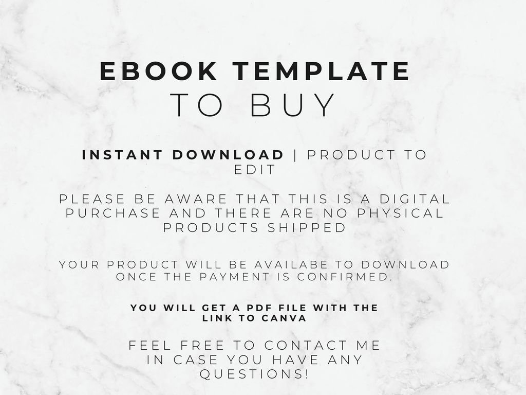 Text on a white marble background about an ebook template for purchase.