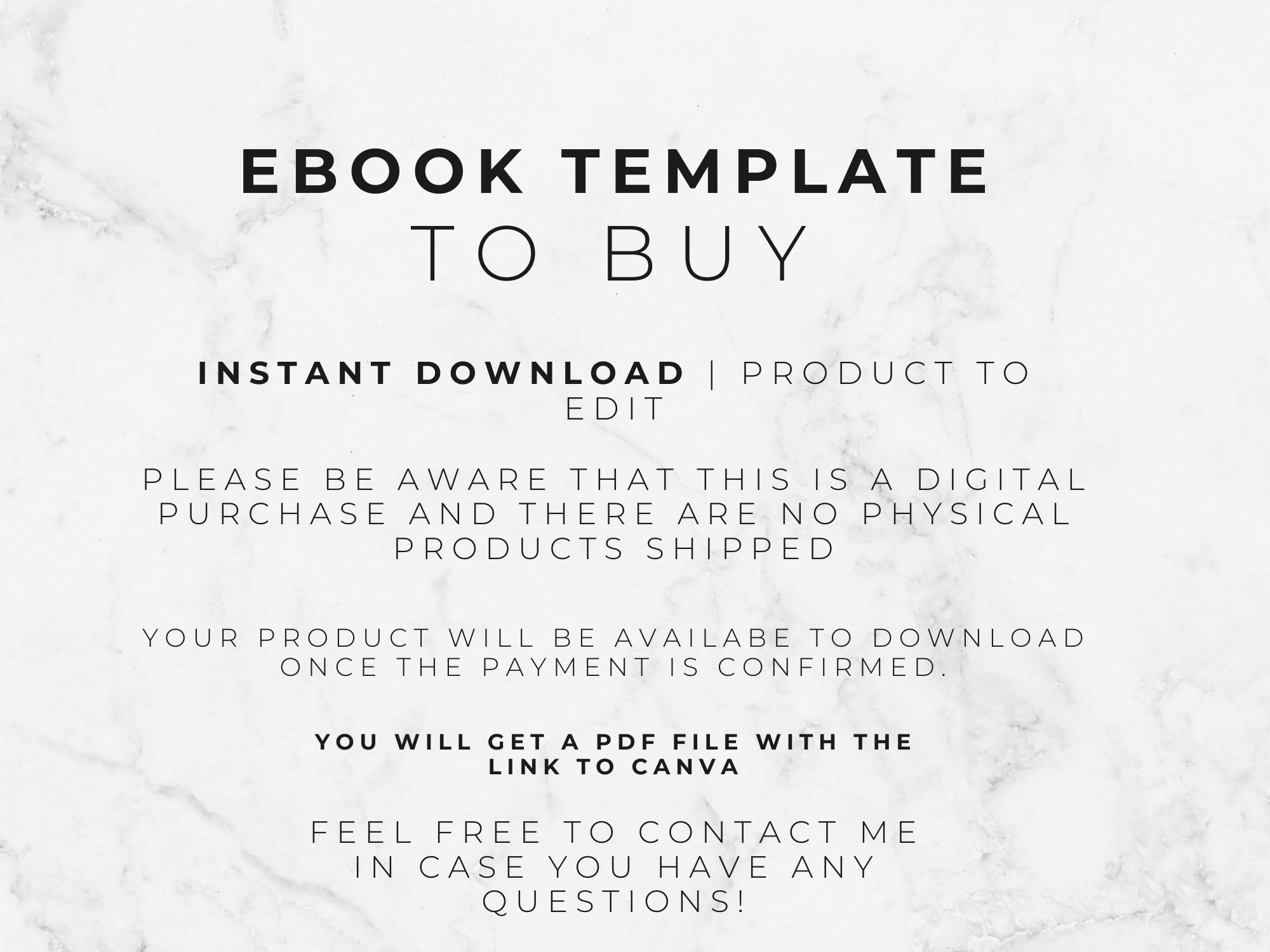 Text on a white marble background about an ebook template for purchase.