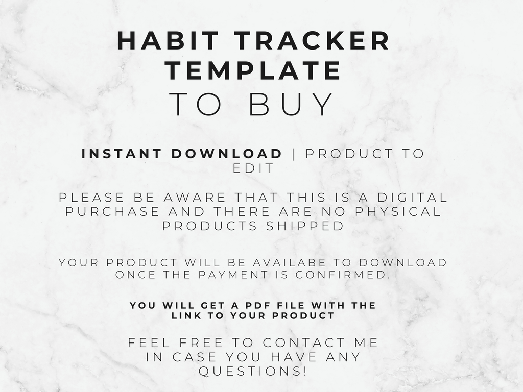 Text on a marble background describing a habit tracker template for digital download.
