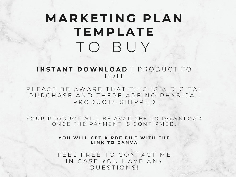 Text on a marble background describing a marketing plan template for instant download.